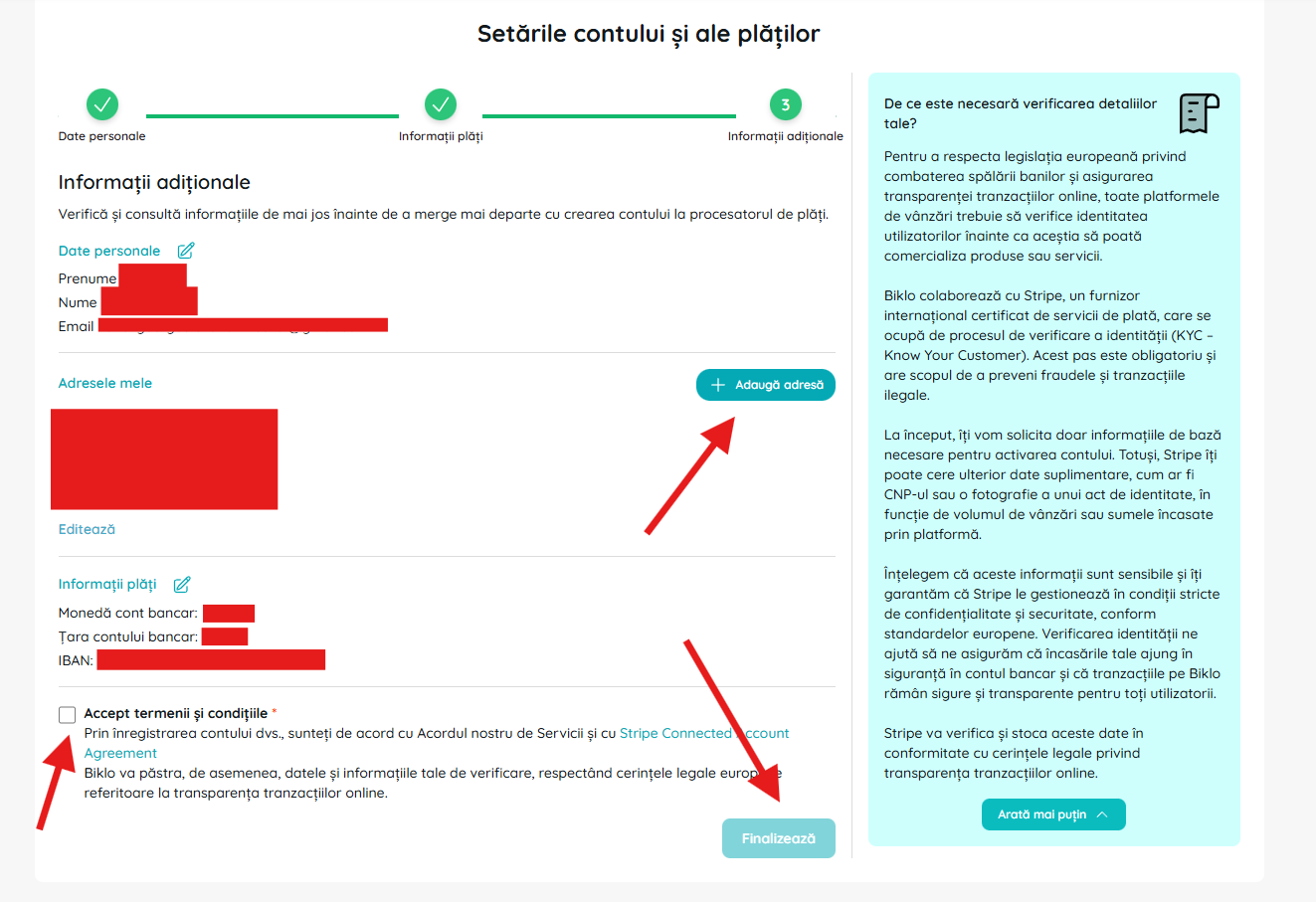Preenchimento de informações adicionais e contratos no processo de criação da conta financeira Biklo