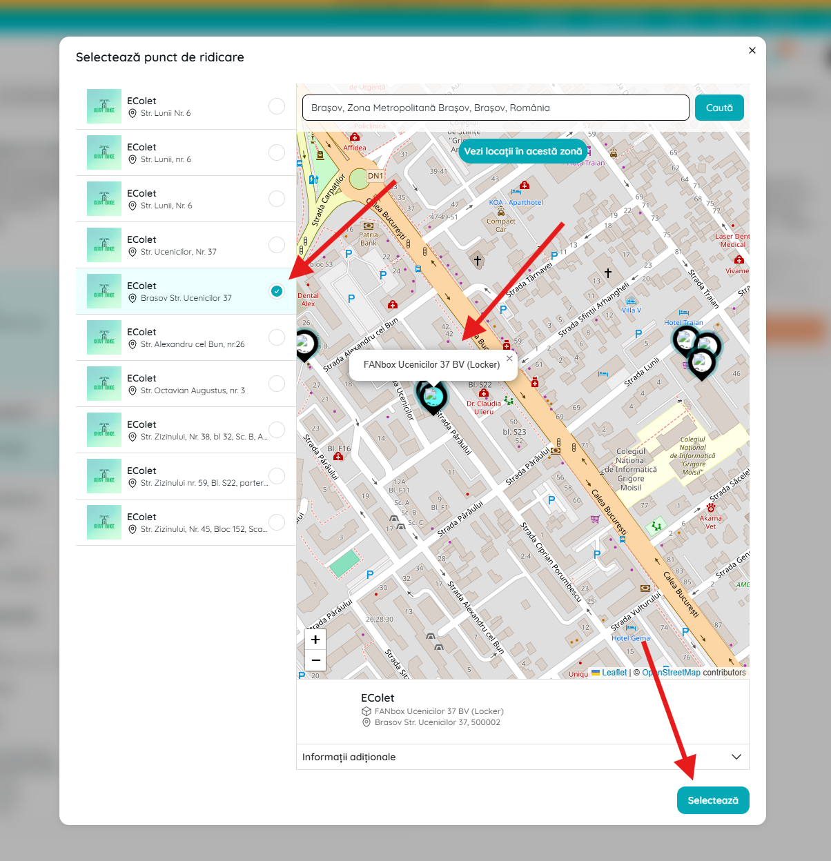 Selecionando um locker no mapa para entrega de encomendas Biklo