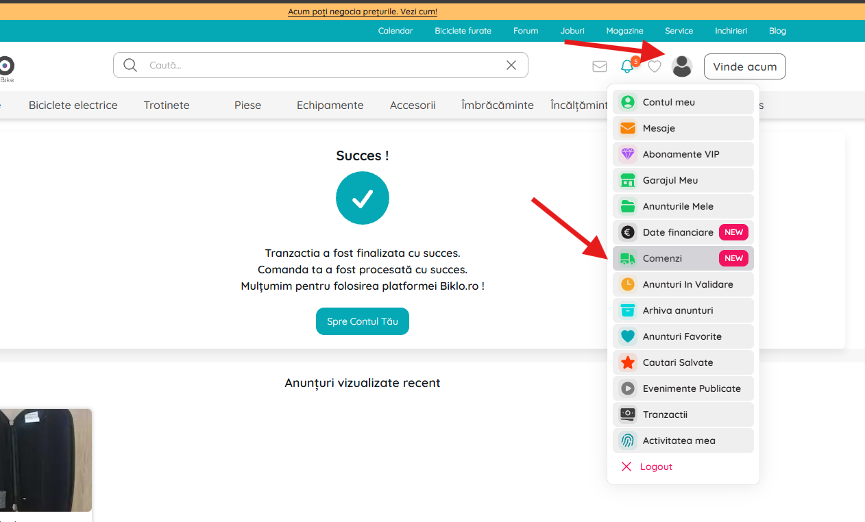 A seção "Meus Pedidos" na sua conta Biklo.