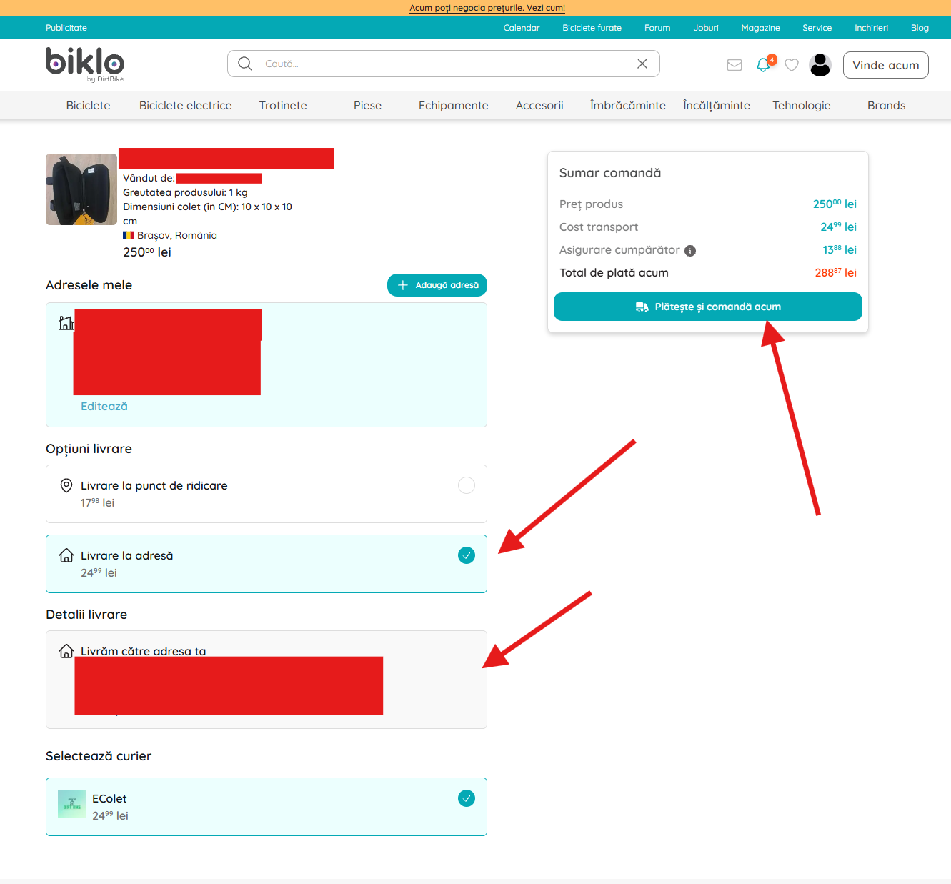 Selecionando o método de entrega Biklo